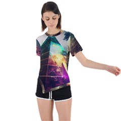 Tropical Forest Jungle Ar Colorful Midjourney Spectrum Trippy Psychedelic Nature Trees Pyramid Asymmetrical Short Sleeve Sports T-shirt by Sarkoni