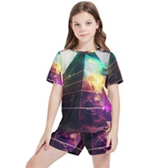 Tropical Forest Jungle Ar Colorful Midjourney Spectrum Trippy Psychedelic Nature Trees Pyramid Kids  T-shirt And Sports Shorts Set by Sarkoni