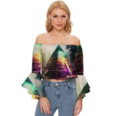 Tropical Forest Jungle Ar Colorful Midjourney Spectrum Trippy Psychedelic Nature Trees Pyramid Off Shoulder Flutter Bell Sleeve Top by Sarkoni