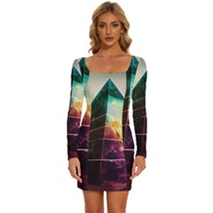 Tropical Forest Jungle Ar Colorful Midjourney Spectrum Trippy Psychedelic Nature Trees Pyramid Long Sleeve Square Neck Bodycon Velvet Dress by Sarkoni