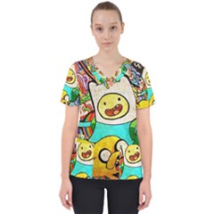 Painting Illustration Adventure Time Psychedelic Art Women s V-neck Scrub Top