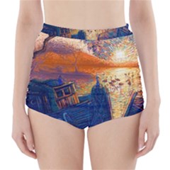 Digital Art Fantasy Impressionism Painting Ship Boat Psychedelic Peacock Mushroom Flamingos Hipwreck High-waisted Bikini Bottoms