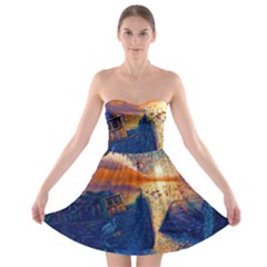 Digital Art Fantasy Impressionism Painting Ship Boat Psychedelic Peacock Mushroom Flamingos Hipwreck Strapless Bra Top Dress