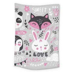 Big Set With Cute Cartoon Animals Bear Panda Bunny Penguin Cat Fox Large Tapestry by Bedest