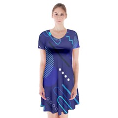 Classic Blue Background Abstract Style Short Sleeve V-neck Flare Dress by Bedest