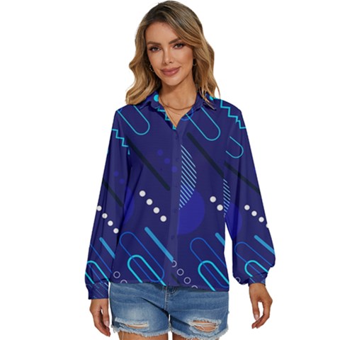 Classic Blue Background Abstract Style Women s Long Sleeve Button Up Shirt by Bedest