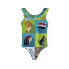 Egypt Travel Items Icons Set Flat Style Kids  Frill Swimsuit by Bedest