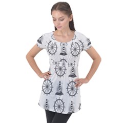 Marine Nautical Seamless Pattern With Vintage Lighthouse Wheel Puff Sleeve Tunic Top by Bedest