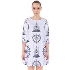 Marine Nautical Seamless Pattern With Vintage Lighthouse Wheel Smock Dress