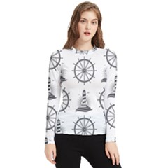 Marine Nautical Seamless Pattern With Vintage Lighthouse Wheel Women s Long Sleeve Rash Guard by Bedest