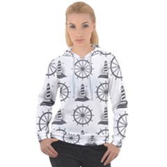 Marine Nautical Seamless Pattern With Vintage Lighthouse Wheel Women s Overhead Hoodie