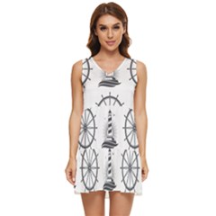 Marine Nautical Seamless Pattern With Vintage Lighthouse Wheel Tiered Sleeveless Mini Dress