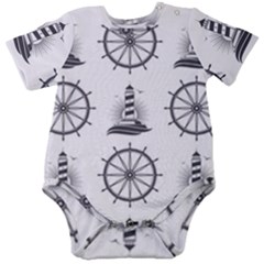 Marine Nautical Seamless Pattern With Vintage Lighthouse Wheel Baby Short Sleeve Bodysuit by Bedest