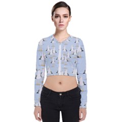 Cute Seagulls Seamless Pattern Light Blue Background Long Sleeve Zip Up Bomber Jacket by Bedest