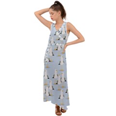 Cute Seagulls Seamless Pattern Light Blue Background V-neck Chiffon Maxi Dress