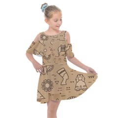 Egyptian Seamless Pattern Symbols Landmarks Signs Egypt Kids  Shoulder Cutout Chiffon Dress by Bedest