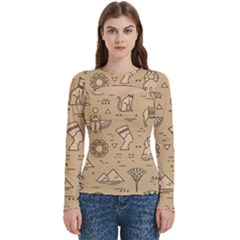 Egyptian Seamless Pattern Symbols Landmarks Signs Egypt Women s Cut Out Long Sleeve T-shirt