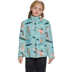 Beach Surfing Surfers With Surfboards Surfer Rides Wave Summer Outdoors Surfboards Seamless Pattern Kids  Puffer Bubble Jacket Coat by Bedest