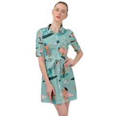 Beach Surfing Surfers With Surfboards Surfer Rides Wave Summer Outdoors Surfboards Seamless Pattern Belted Shirt Dress by Bedest