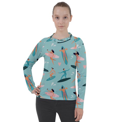 Beach Surfing Surfers With Surfboards Surfer Rides Wave Summer Outdoors Surfboards Seamless Pattern Women s Pique Long Sleeve T-shirt by Bedest