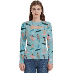 Beach Surfing Surfers With Surfboards Surfer Rides Wave Summer Outdoors Surfboards Seamless Pattern Women s Cut Out Long Sleeve T-shirt by Bedest