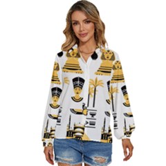 Egypt Symbols Decorative Icons Set Women s Long Sleeve Button Up Shirt