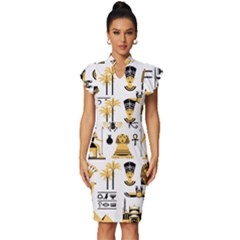 Egypt Symbols Decorative Icons Set Vintage Frill Sleeve V-neck Bodycon Dress by Bedest