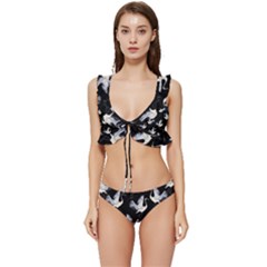 Crane Pattern Low Cut Ruffle Edge Bikini Set