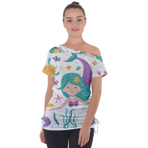 Set Cute Mermaid Seaweeds Marine In Habitants Off Shoulder Tie-up T-shirt by Bedest