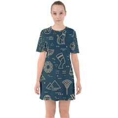 Dark Seamless Pattern Symbols Landmarks Sign Egypt Sixties Short Sleeve Mini Dress