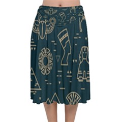 Dark Seamless Pattern Symbols Landmarks Sign Egypt Velvet Flared Midi Skirt by Bedest