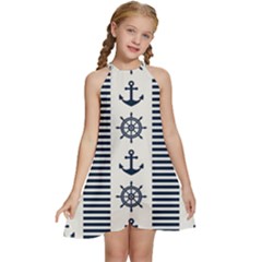 Nautical Seamless Pattern Vector Illustration Kids  Halter Collar Waist Tie Chiffon Dress by Bedest