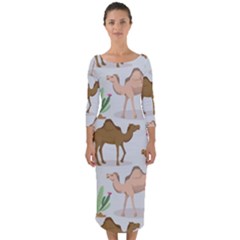 Camels Cactus Desert Pattern Quarter Sleeve Midi Bodycon Dress