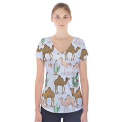 Camels Cactus Desert Pattern Short Sleeve Front Detail Top