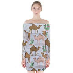 Camels Cactus Desert Pattern Long Sleeve Off Shoulder Dress