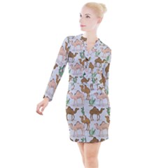 Camels Cactus Desert Pattern Button Long Sleeve Dress