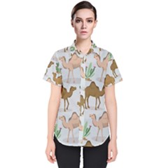 Camels Cactus Desert Pattern Women s Short Sleeve Shirt