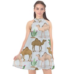 Camels Cactus Desert Pattern Halter Neckline Chiffon Dress 