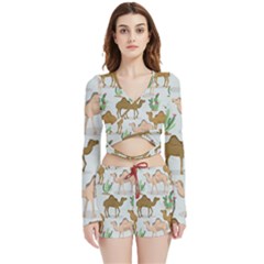 Camels Cactus Desert Pattern Velvet Wrap Crop Top and Shorts Set