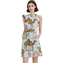 Camels Cactus Desert Pattern Cocktail Party Halter Sleeveless Dress With Pockets