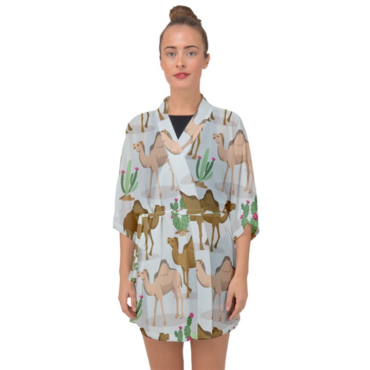 Camels Cactus Desert Pattern Half Sleeve Chiffon Kimono