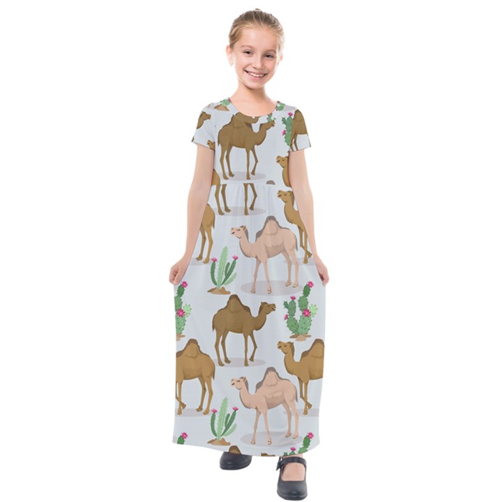 Camels Cactus Desert Pattern Kids  Short Sleeve Maxi Dress