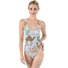 Camels Cactus Desert Pattern High Leg Strappy Swimsuit