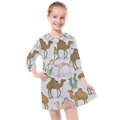 Camels Cactus Desert Pattern Kids  Quarter Sleeve Shirt Dress