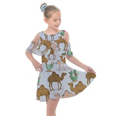 Camels Cactus Desert Pattern Kids  Shoulder Cutout Chiffon Dress