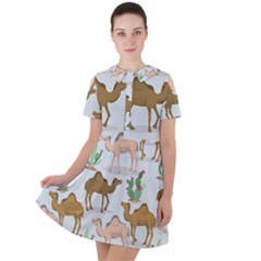 Camels Cactus Desert Pattern Short Sleeve Shoulder Cut Out Dress 