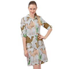 Camels Cactus Desert Pattern Long Sleeve Mini Shirt Dress