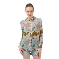 Camels Cactus Desert Pattern Long Sleeve Chiffon Shirt