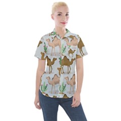 Camels Cactus Desert Pattern Women s Short Sleeve Pocket Shirt