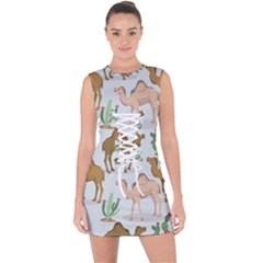 Camels Cactus Desert Pattern Lace Up Front Bodycon Dress